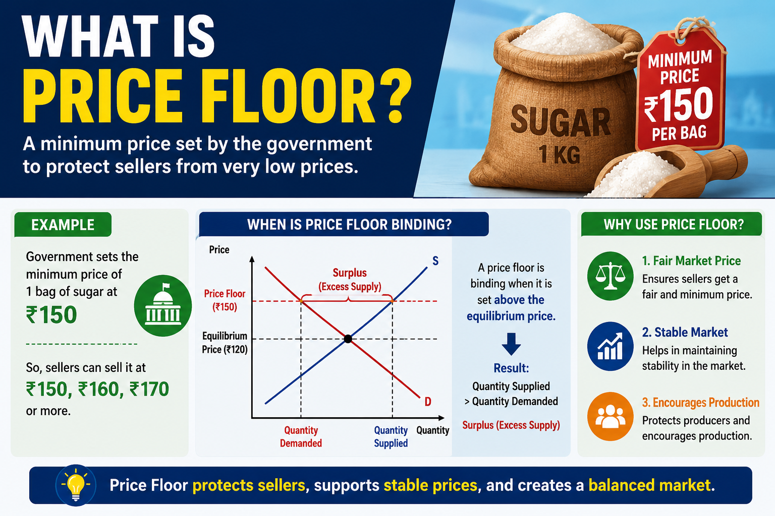 What is a price floor? Give an example. Under what condition is the price floor binding?